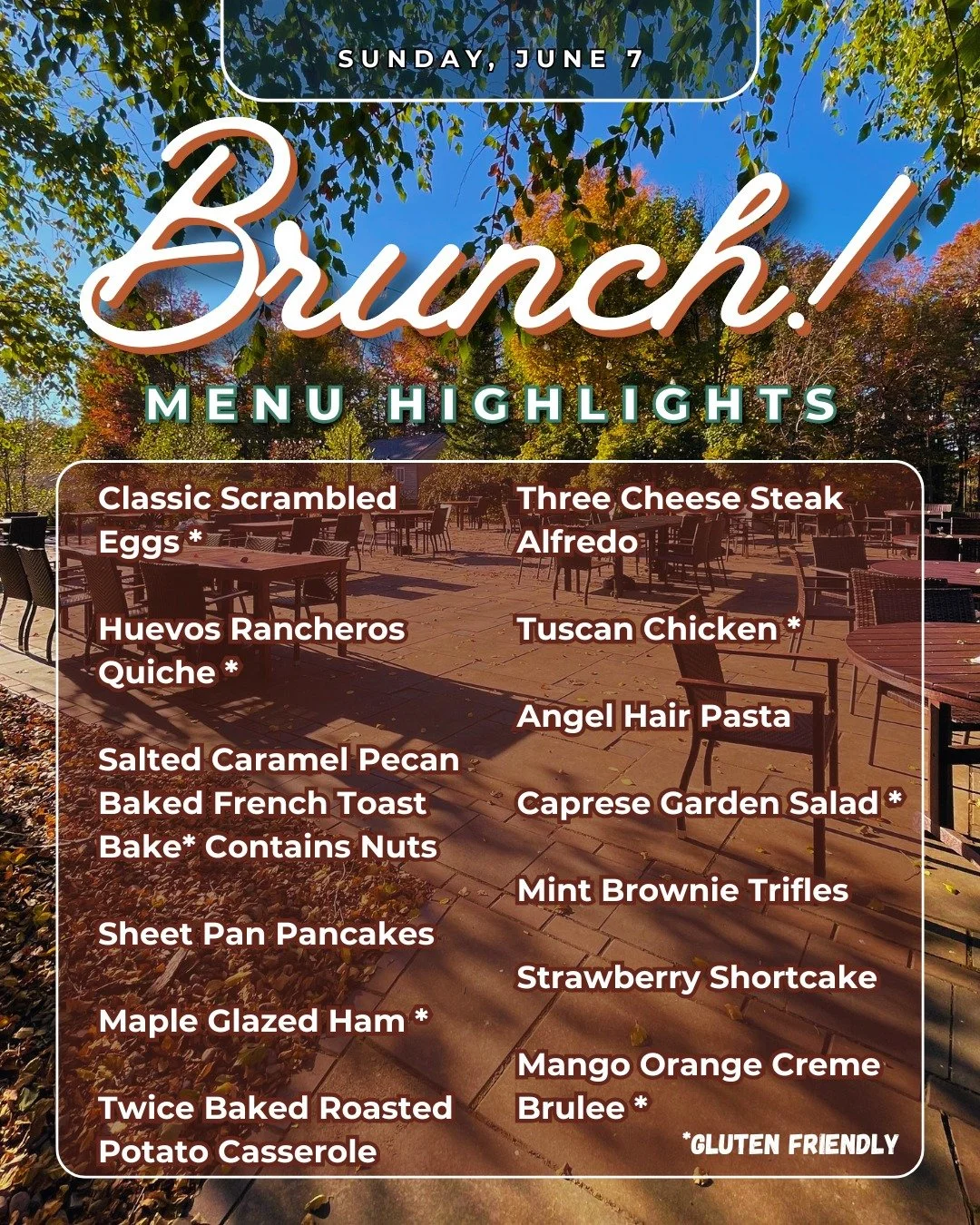Join us this Sunday, for a fun, full, and filling Brunch Buffet.

Seating is from 10 - 1, reservations are appreciated, 
but walk ins are certainly welcome!

Pricing is as follows...
$30 for Adults
$28 for Seniors or Military
$20 for children ages 6-
