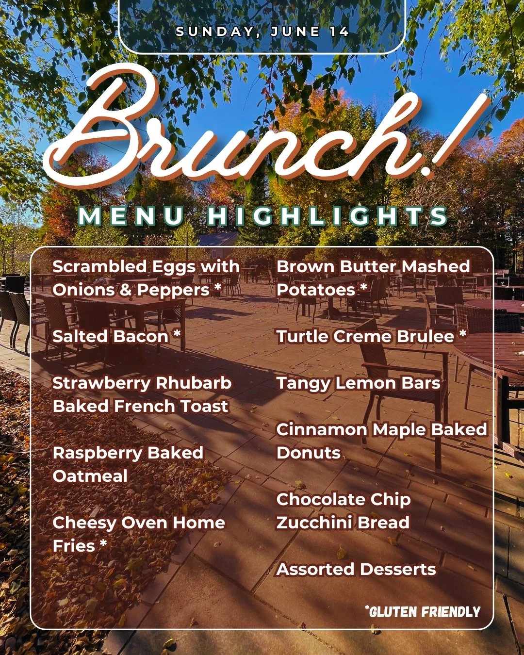 Join us this Sunday, June 14th for your regularly scheduled brunch Buffet

Seating is from 10 - 1, reservations are appreciated,
but walk-ins are certainly welcome!

Pricing is as follows...
$30 for Adults
$28 for Seniors or Military
$20 for children