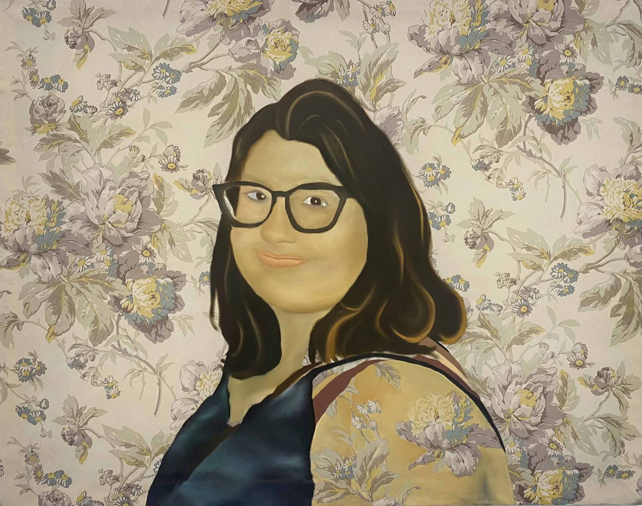 Babushka Oil on recycled satin fabric, 
28 × 48 in    2024 