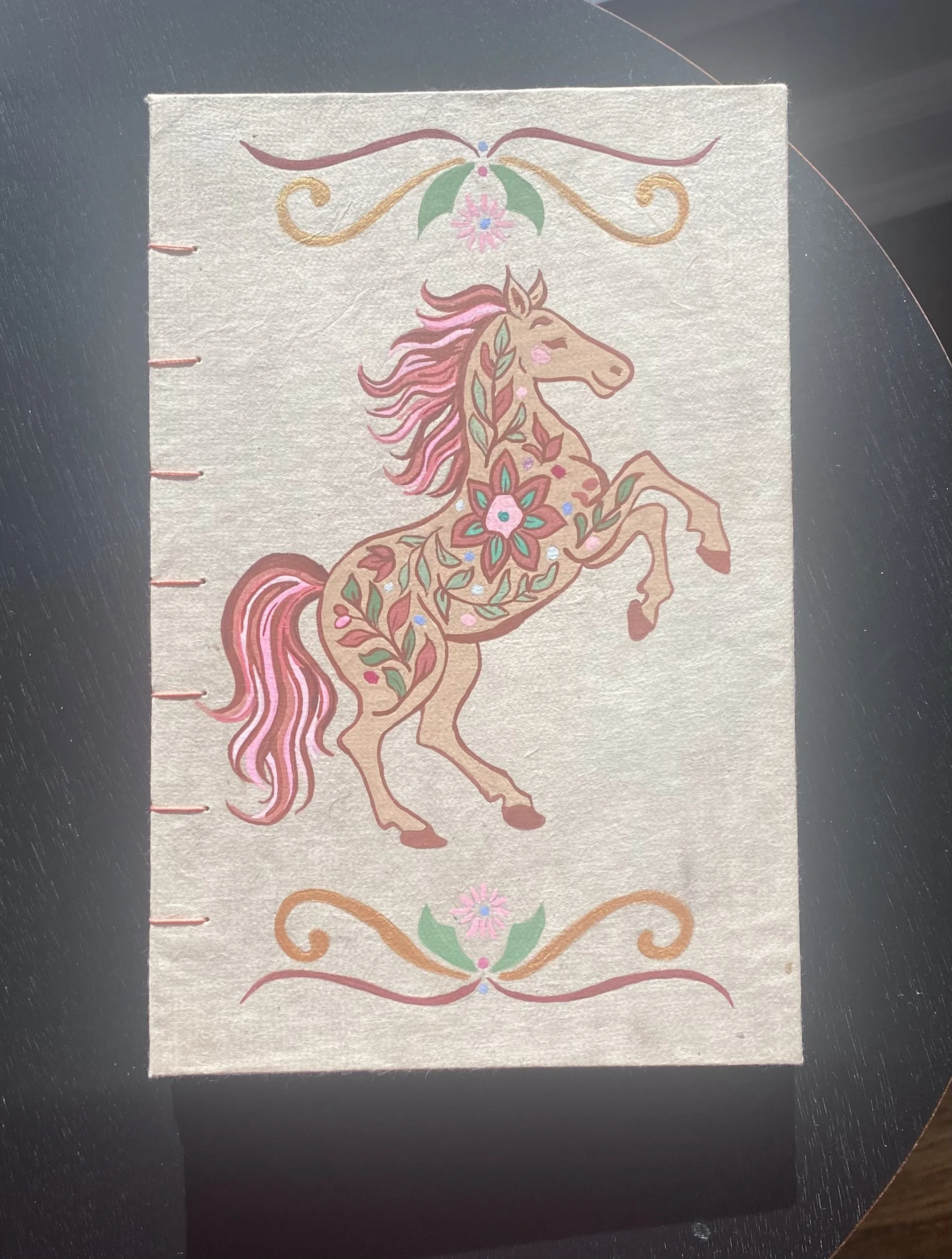 Hand-bound artist book Gouache on lokta paper, Coptic Stitch, linen thread   
8.75 × 5.75 in     2025