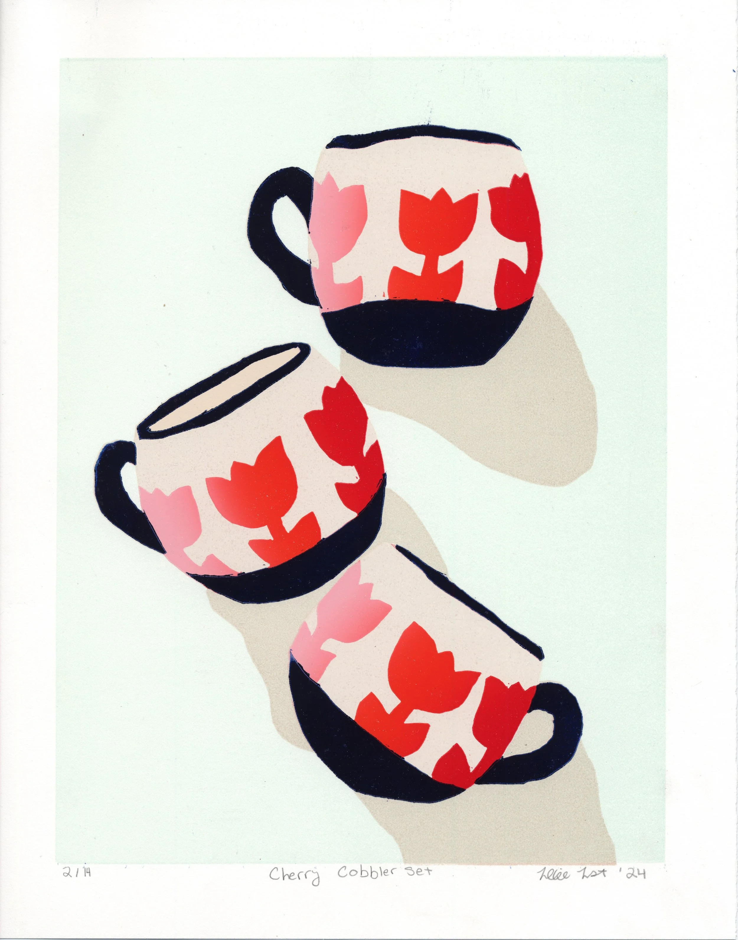 Cherry Cobbler Teacup Color Reduction on Stonehenge White,   11 × 14 in    2024