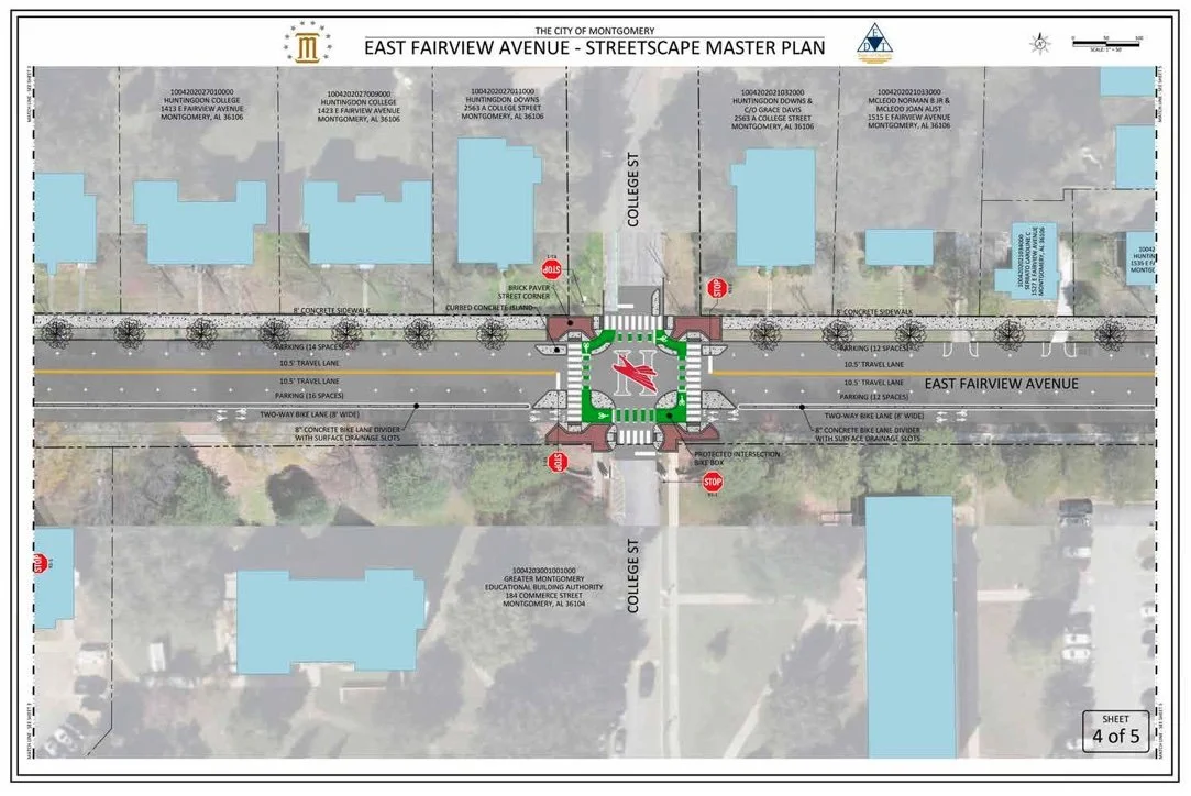 Street plan of East Fairview Avenue with a traffic circle at College Street, showing lanes, parking, bike lanes, crosswalks, and stop signs.