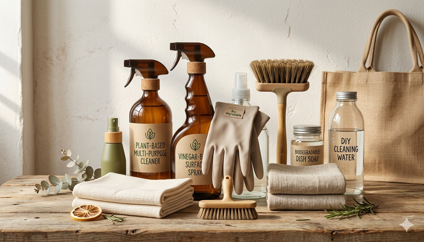 Eco-friendly cleaning supplies on a wooden table, including plant-based multi-purpose cleaner, vinegar-based surface spray, biodegradable dish soap, and DIY cleaning water, with cleaning cloths, a scrub brush, and a tote bag.