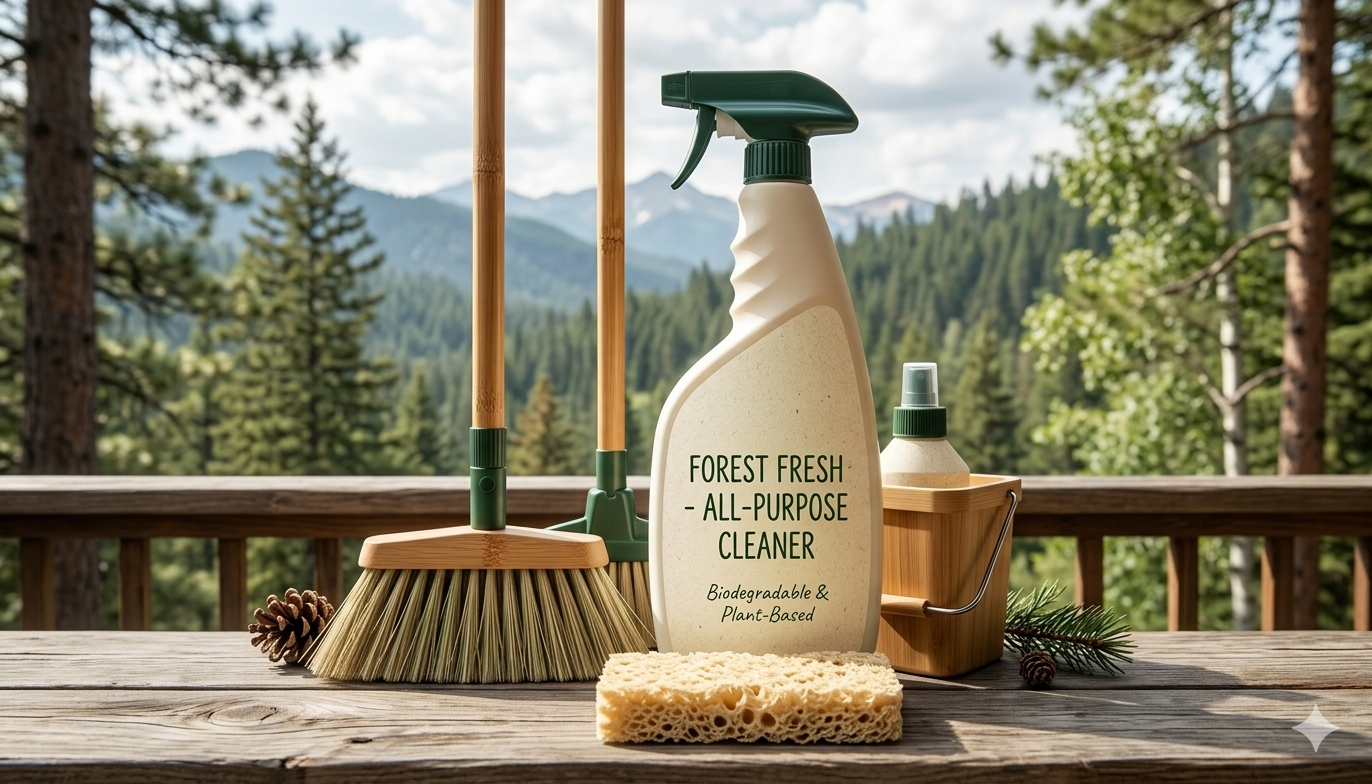 Cleaning supplies on a wooden table outdoors with a forest and mountains in the background, including a spray bottle labeled 'Forest Fresh All-Purpose Cleaner' and a scrub brush, sponge, and spray bottle with a green cap.