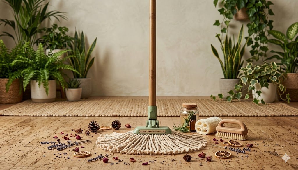 A mop with a white cloth mop head stands in the center of a wooden floor, surrounded by small decorative items including pinecones, dried orange slices, lavender sprigs, and small jars, with potted plants in the background.