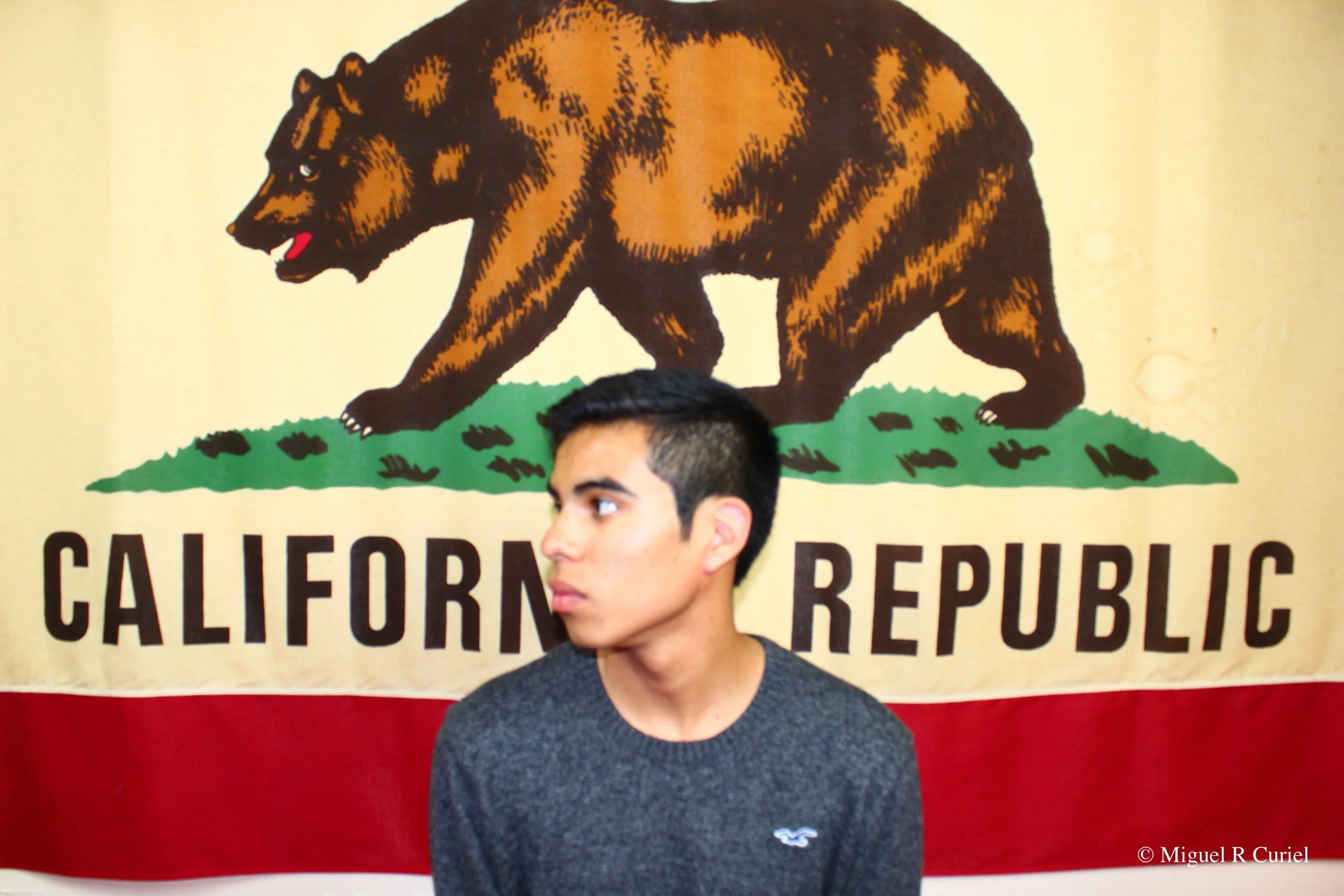Miguel Curiel with short dark hair and gray sweatshirt standing in front of a large California state flag.
