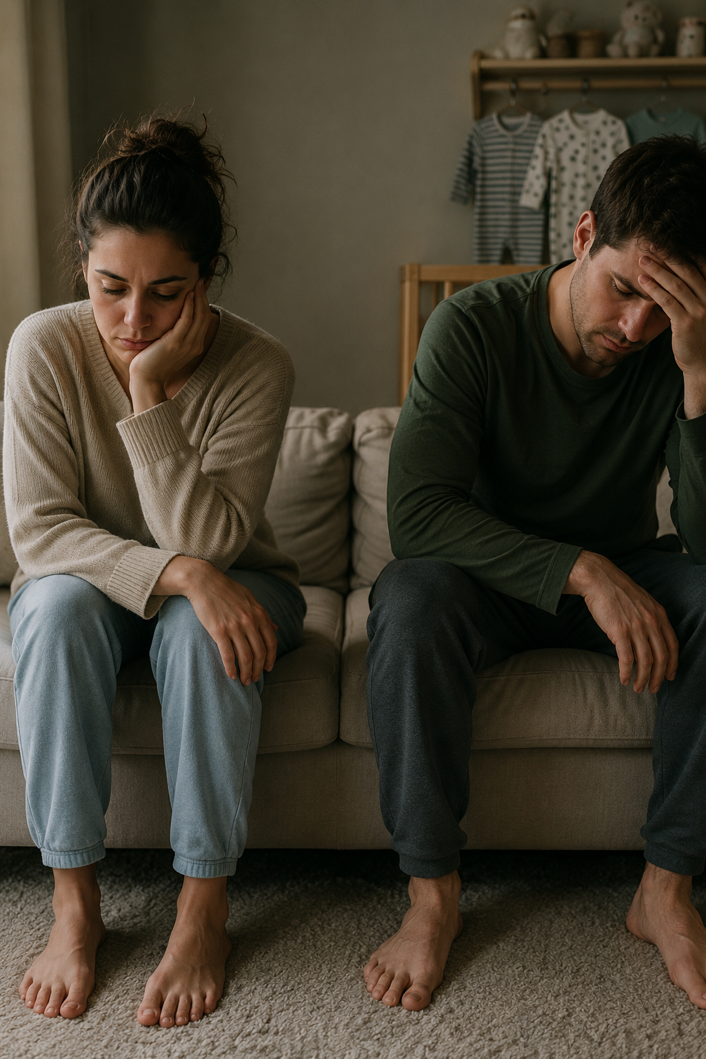 A husband and wife after having a baby, struggling in their marriage with baby clothes on a rack in the background.