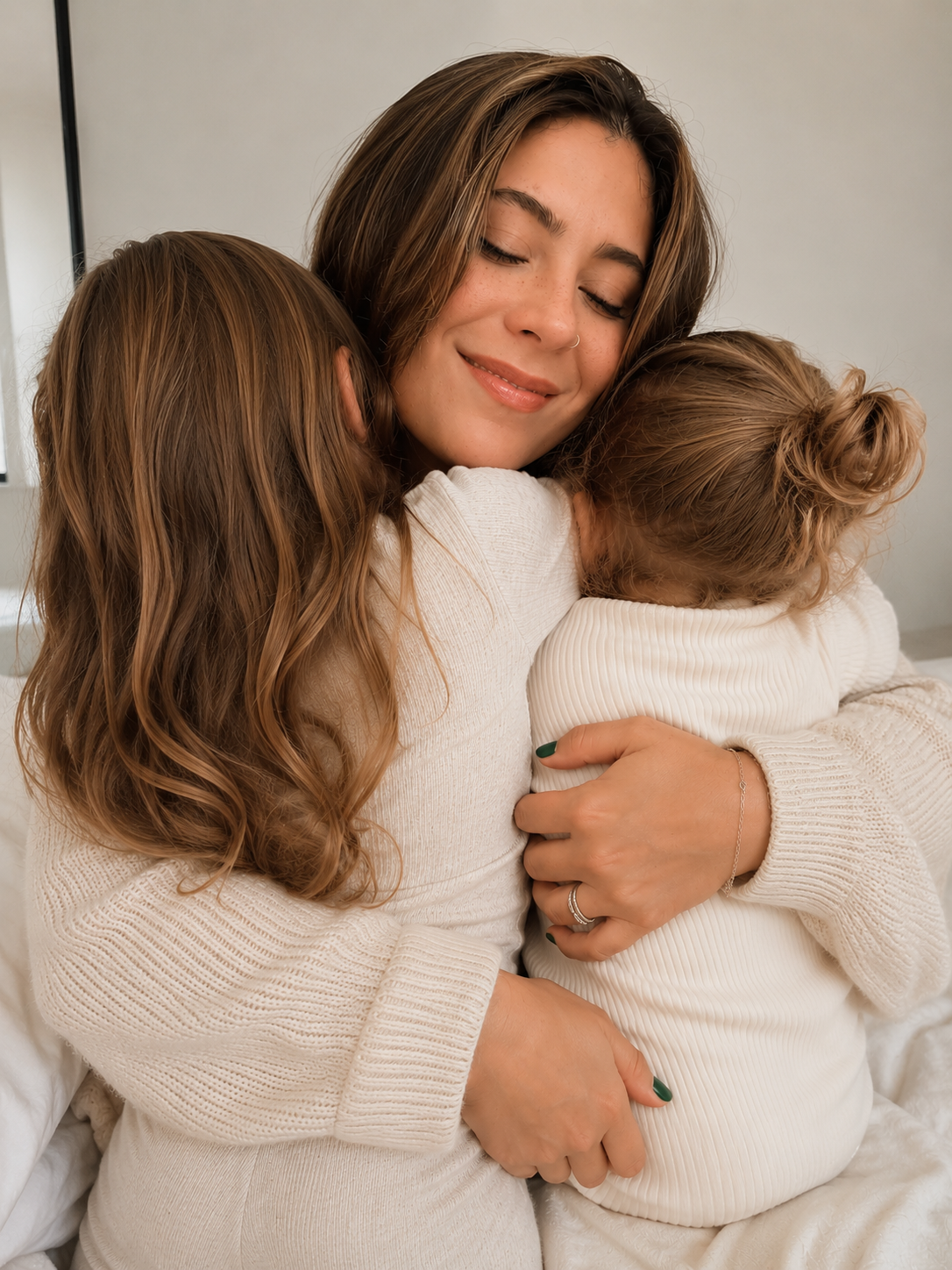 A mom with brown hair hugging two young girls with brown hair, all dressed in white, in a cozy indoor setting.