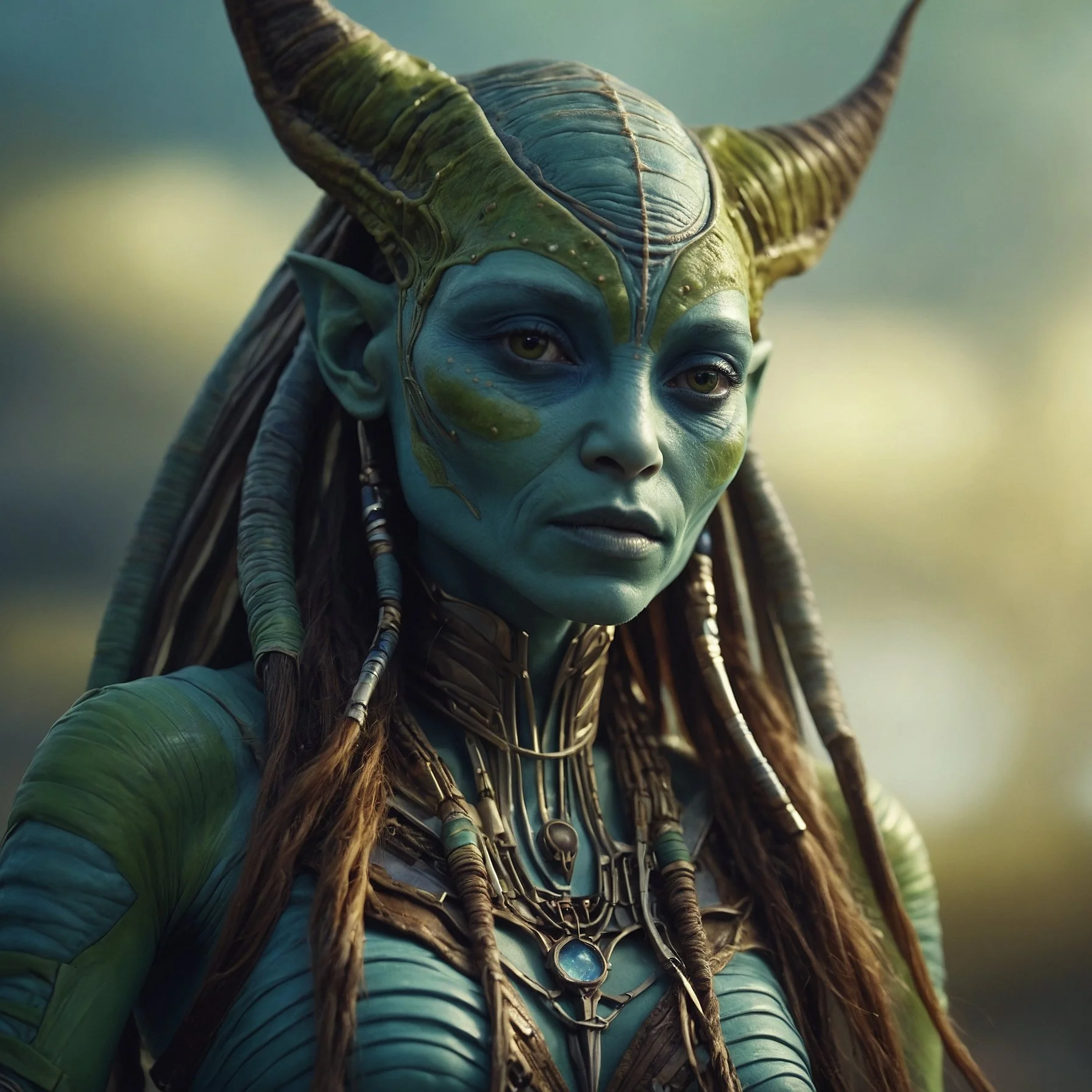 Close-up of a humanoid alien with blue and green skin, large curved horns, and dreadlocked hair, wearing detailed metallic jewelry and clothing.
