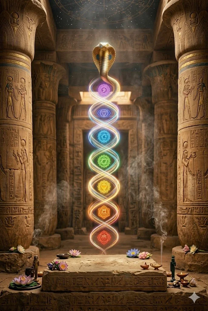 Ancient Egyptian temple interior with hieroglyphic carvings on columns. In the center, a glowing, floating snake with a DNA-like double helix entwined around it, featuring seven colorful chakra symbols from top to bottom, representing spiritual energy centers.