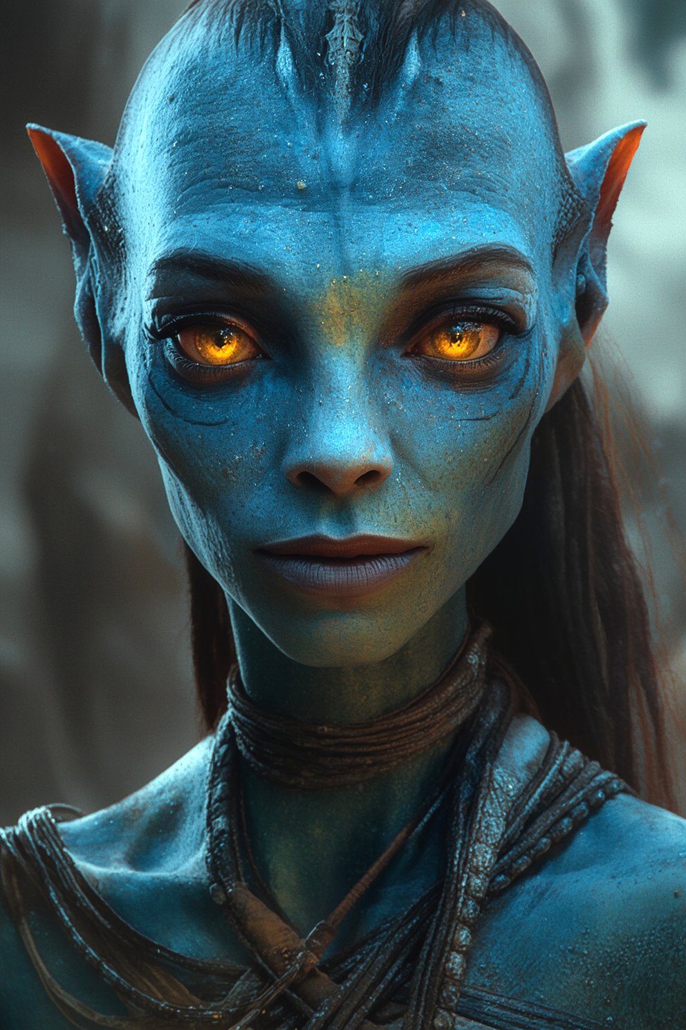 Close-up of a fictional alien character with blue skin, bright orange eyes, and pointed ears, wearing tribal necklaces.