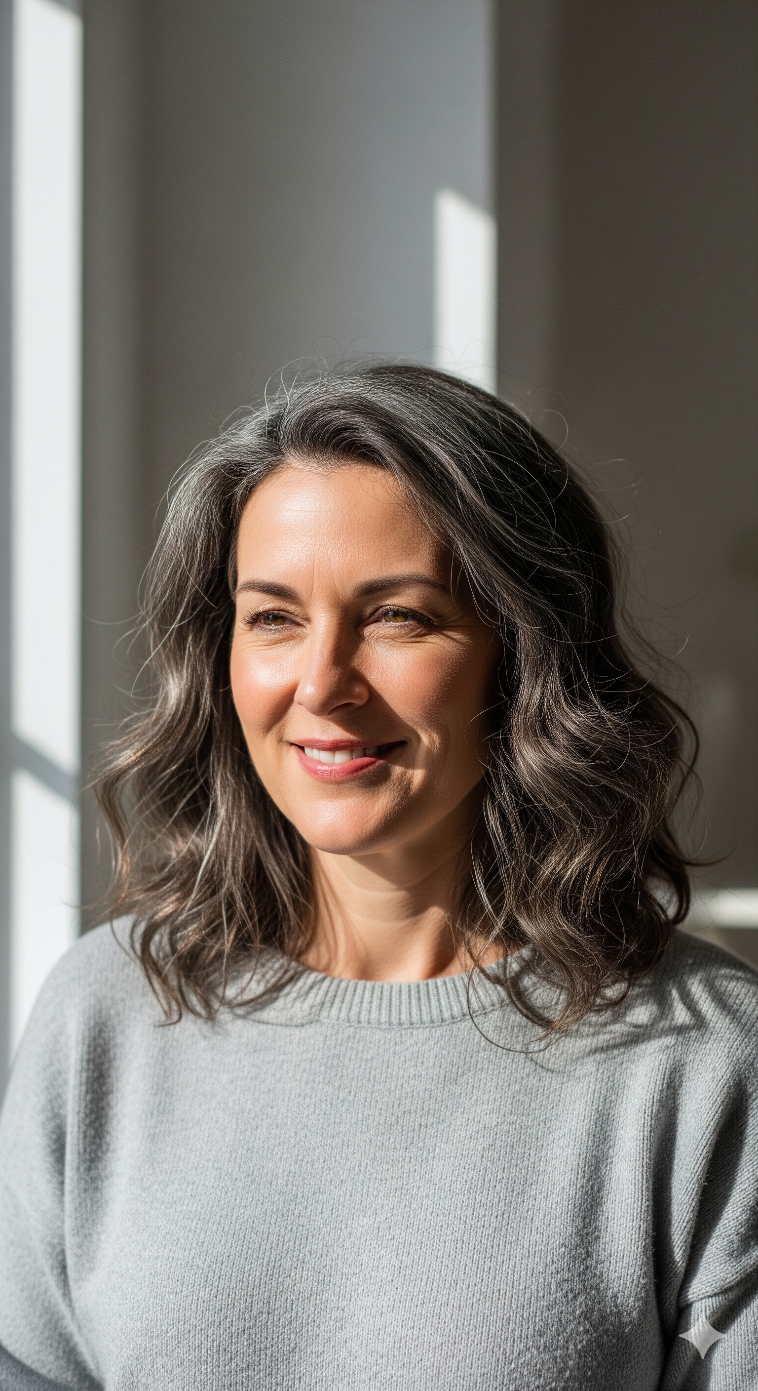 A woman with shoulder-length wavy gray hair smiling softly, wearing a light gray sweater, near a window with sunlight streaming in.