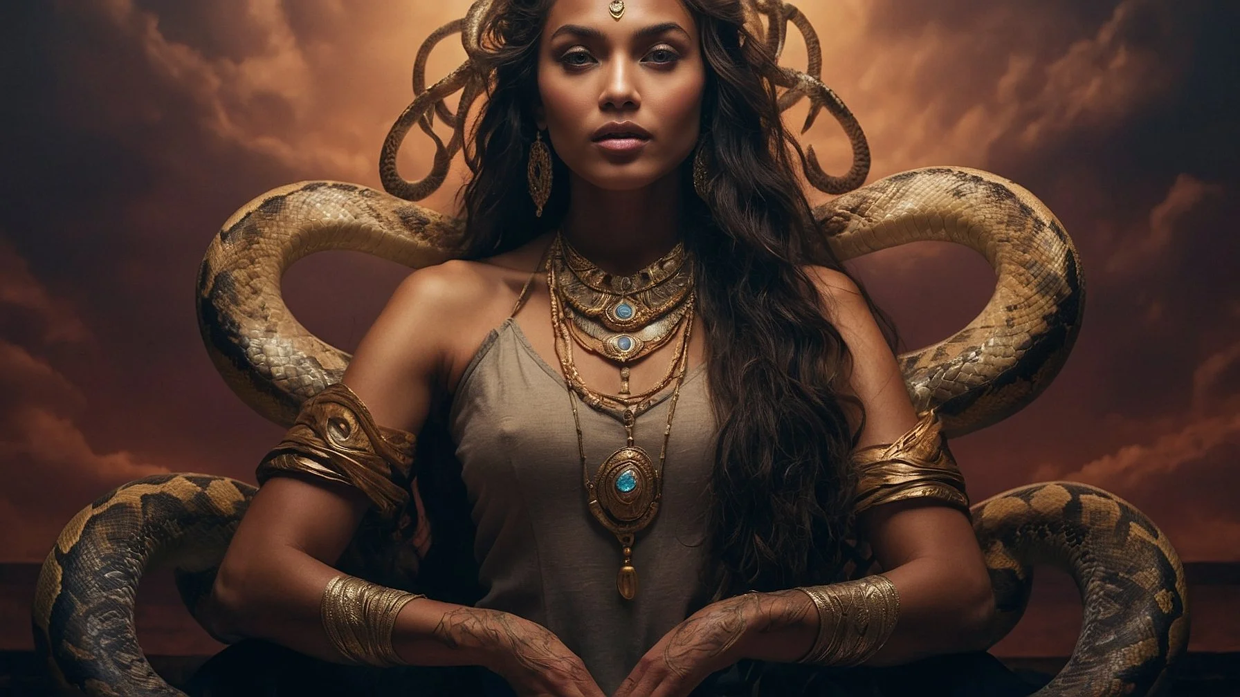 A woman with dark wavy hair and snake-themed jewelry, sitting in front of a sunset sky with clouds, surrounded by several giant snakes.