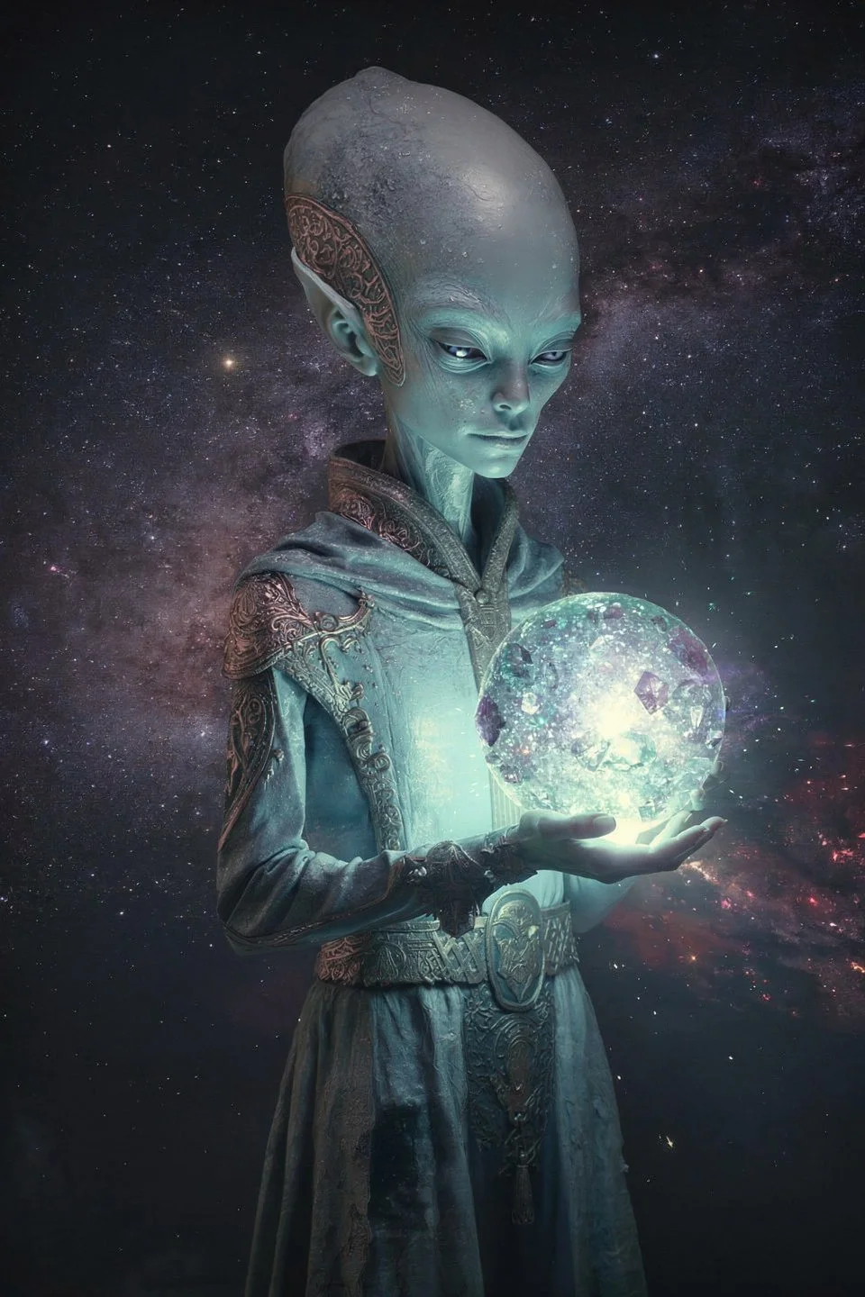An alien with bald head and large eyes holding a glowing crystal orb in a starry galaxy background.