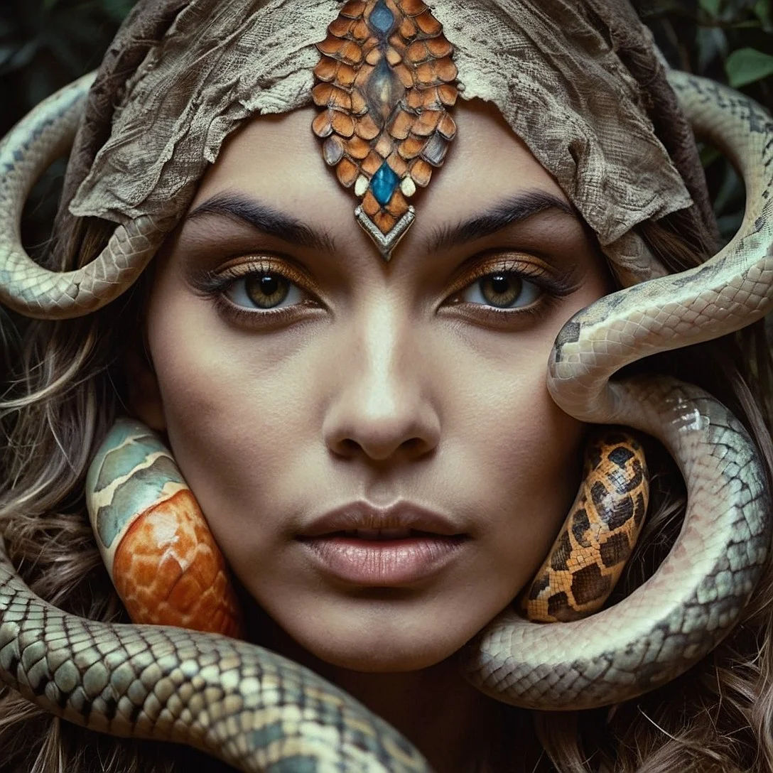 A woman with golden eye makeup and furrowed brows is surrounded by snakes around her face, with some on her head and others near her neck.