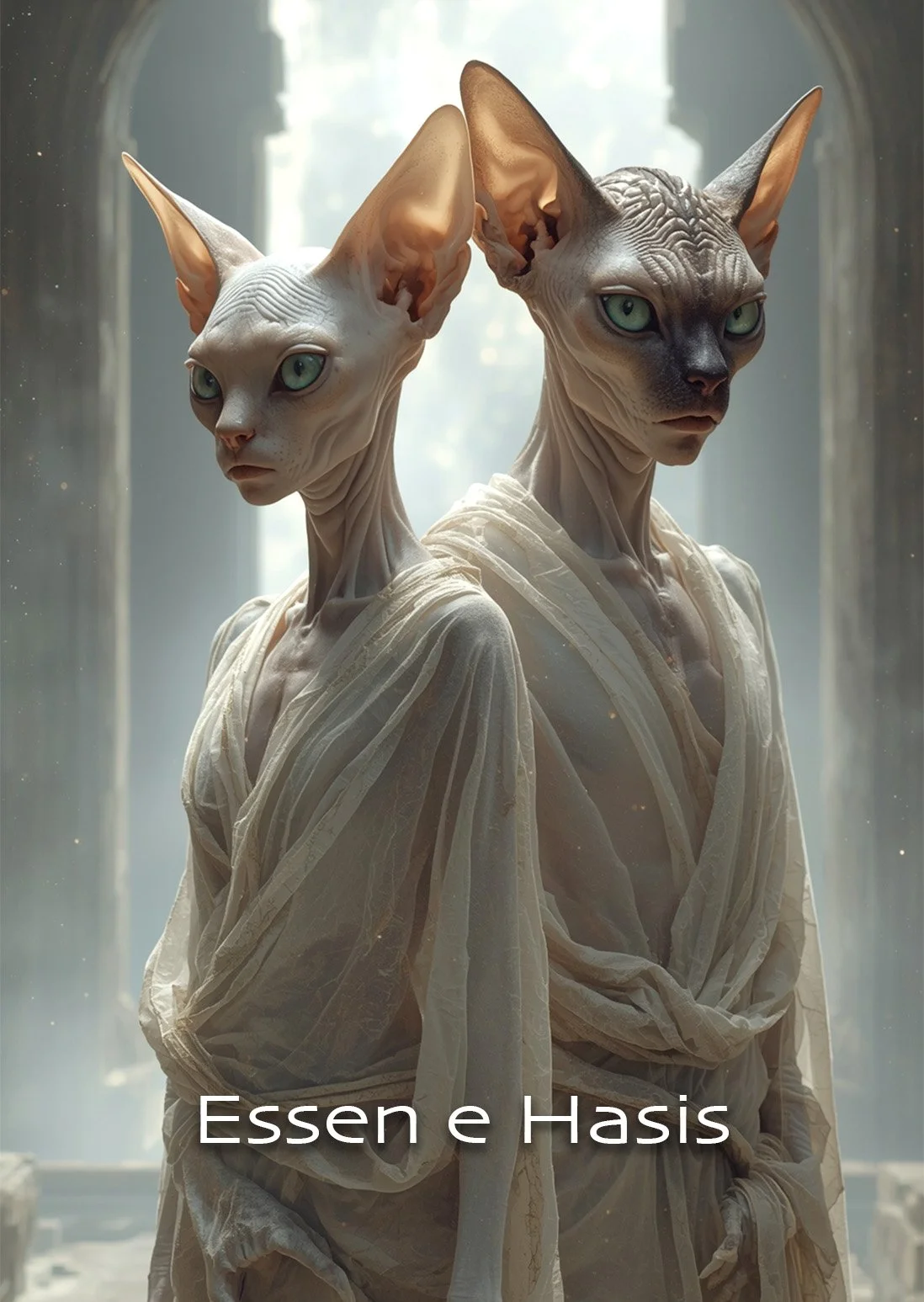 Two humanoid cats with hairless, wrinkled skin, large ears, and piercing blue eyes, dressed in flowing cream-colored garments, standing in a bright, ancient-looking stone chamber with light streaming through an arched window. The text 'Essen e Hasis' is at the bottom of the image.