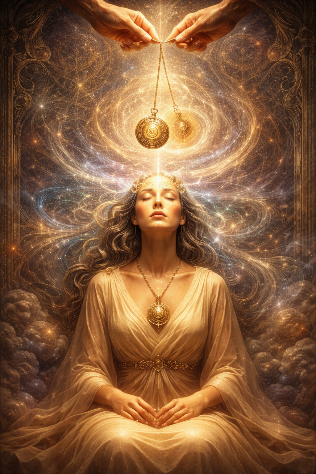 A woman with long, flowing hair sits with her eyes closed, surrounded by a luminous, intricate cosmic background. Above her, hands hold a chain with a large, ornate pocket watch hanging from it, positioned near her forehead, emitting a glowing light.