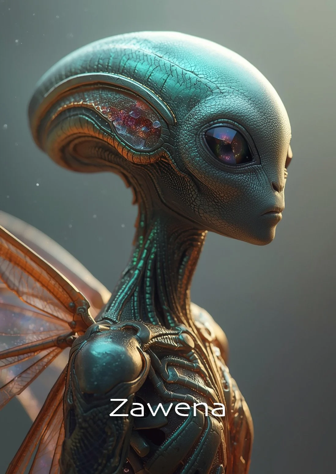 A digital rendering of an alien with a blue-green face, large black eyes, and intricate textures on its skin. The alien has transparent, insect-like wings and a sleek, metallic body with detailed mechanical features.
