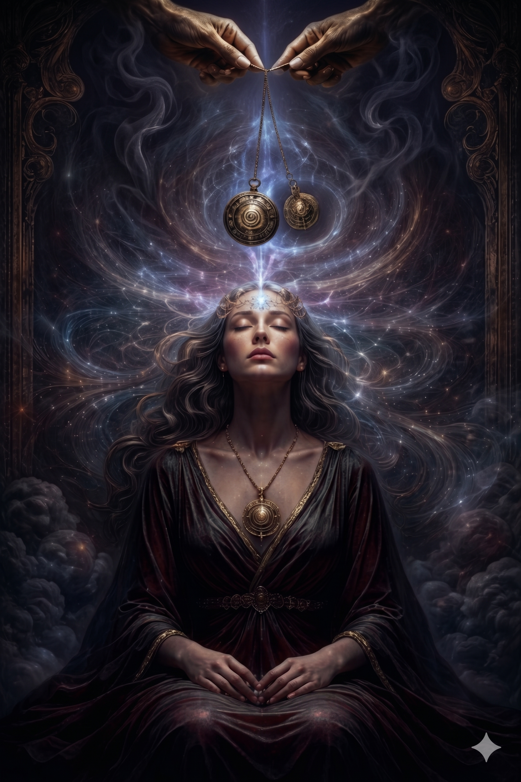 A woman with closed eyes and long hair, sitting cross-legged with her hands resting in her lap. She is surrounded by swirling cosmic energy and stars. Above her head, two hands are holding a necklace with two pendants, one larger and one smaller, hanging from strings. The scene has a mystical and spiritual atmosphere with glowing light and intricate details.