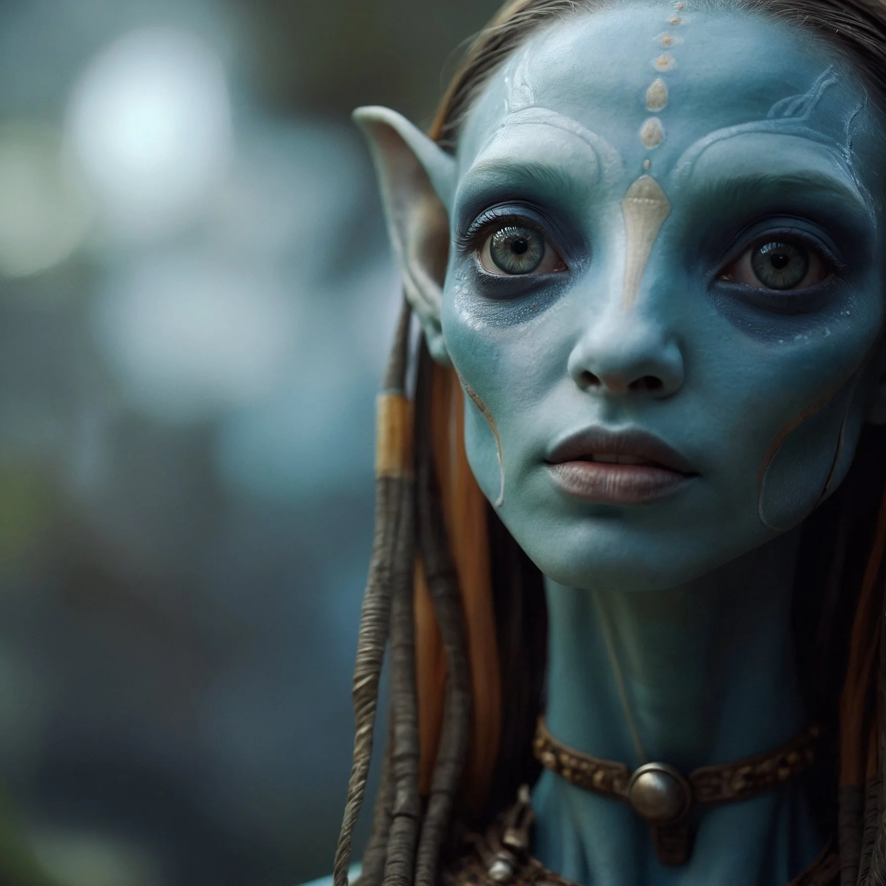 Close-up of a humanoid alien with blue skin, large eyes, elongated ears, and intricate facial markings, wearing a necklace with a round pendant.