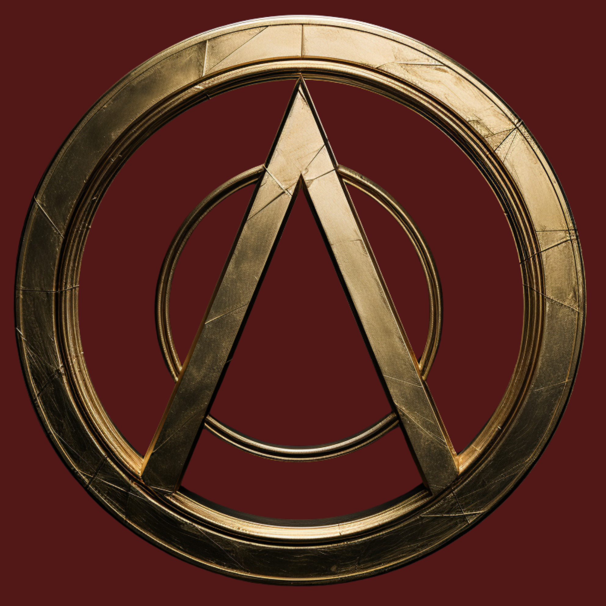 Golden metallic Avengers logo with a star inside a circle on a brown background.