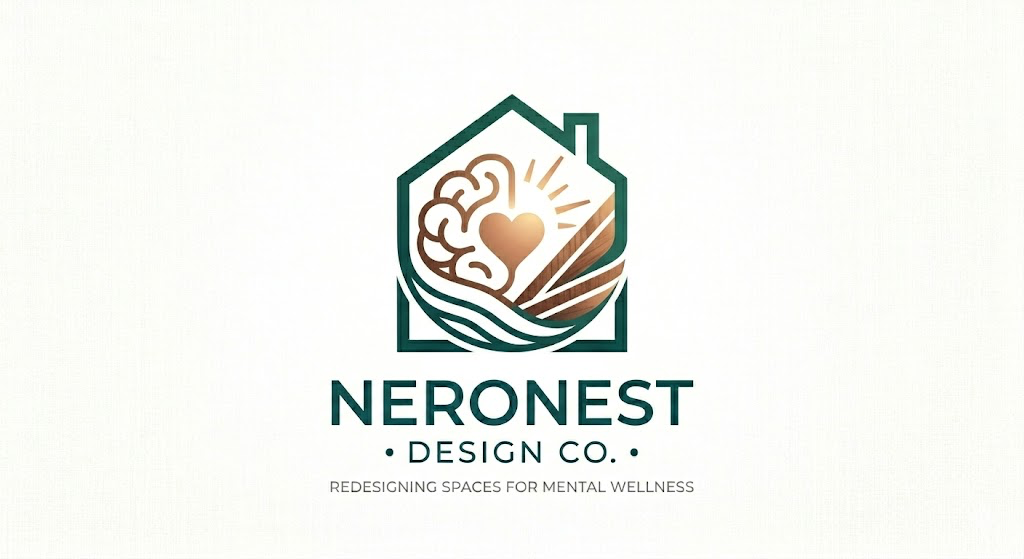 Logo for Neronest Design Co. featuring a house outline with a brain, heart, and tree branches inside, with the tagline 'Redesigning spaces for mental wellness'.