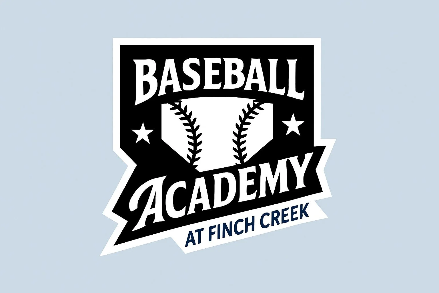 Black and white logo for Baseball Academy at Finch Creek, featuring a baseball and stars.