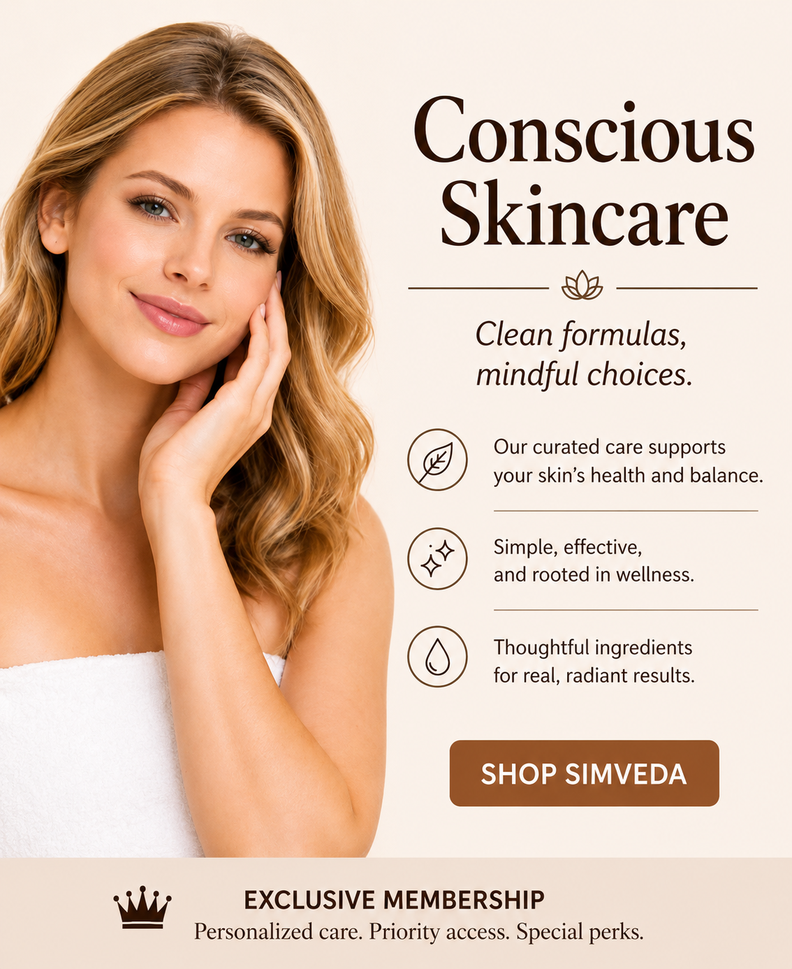 A woman with long blonde hair smiling and touching her face, next to promotional text for conscious skincare benefits and a call to action button for shopping.