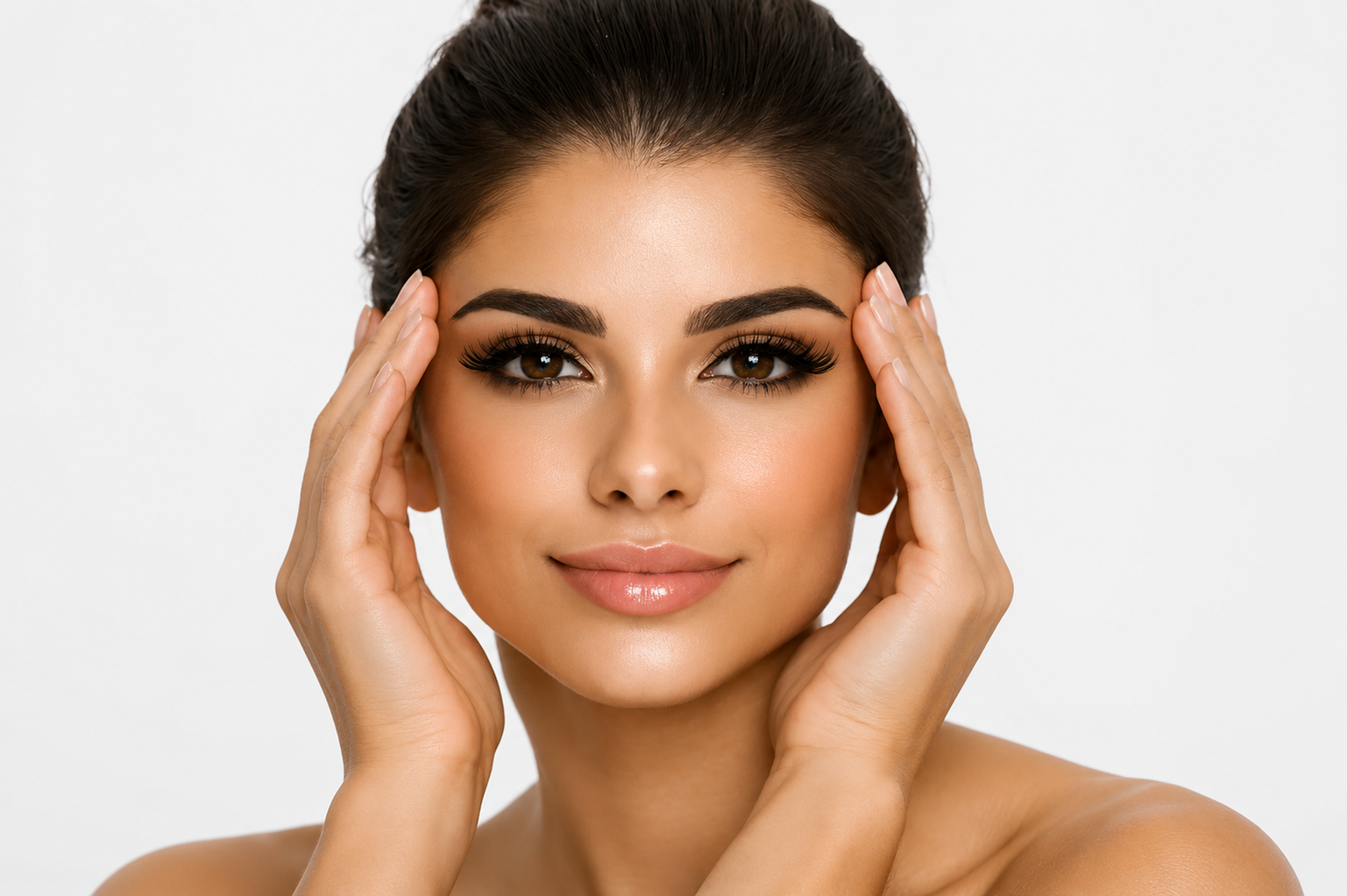 A young woman with smooth, glowing skin holding her face with both hands, smiling softly, against a plain white background.