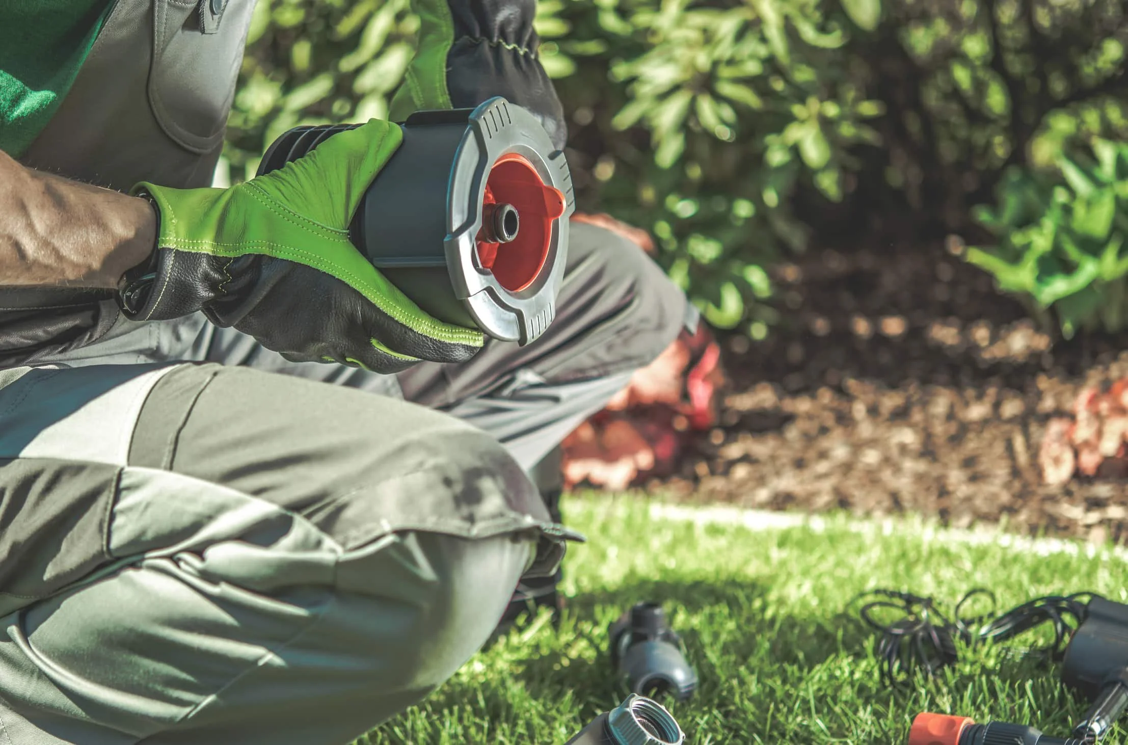 A person wearing gloves and gray pants working on a garden tool, possibly a string trimmer or weed whacker, outdoors on green grass with flower beds and bushes in the background.