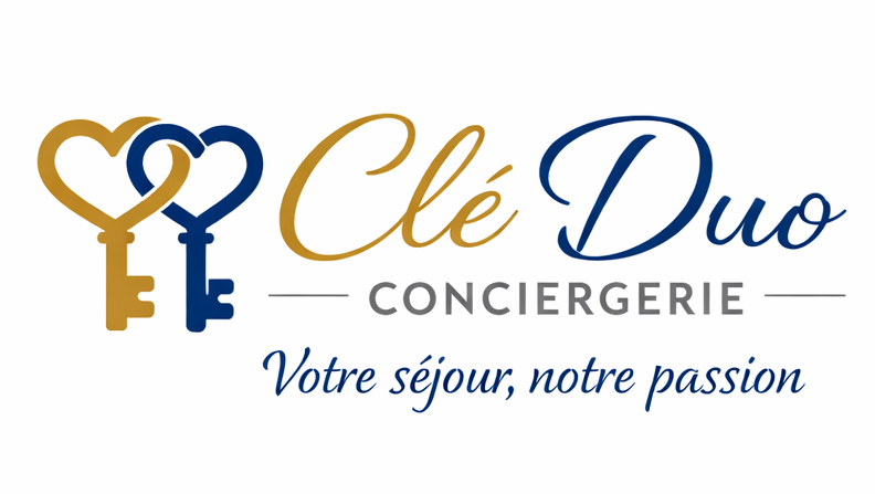 Logo for Clé Duo Concierge with two intertwined keys forming heart shapes, gold and blue colors, with the tagline 'Votre séjour, notre passion.'
