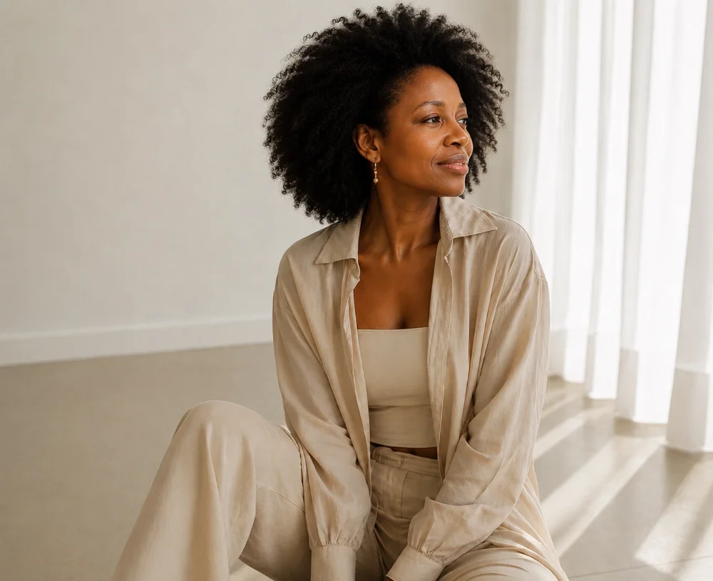 A woman with natural curly hair sitting on the floor in a bright room with white curtains, wearing a beige open shirt and matching pants, looking thoughtfully to the side.
