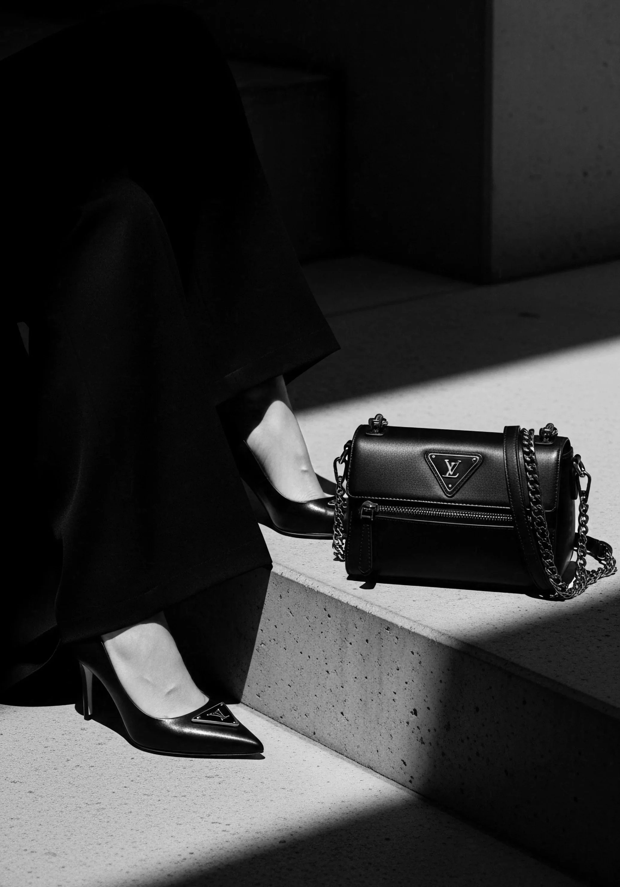 A woman dressed in black with white pants and black high heels sitting on a concrete bench. She is holding a luxury black handbag with chain details. The scene is in shadow, with sunlight casting strong shadows on the ground.