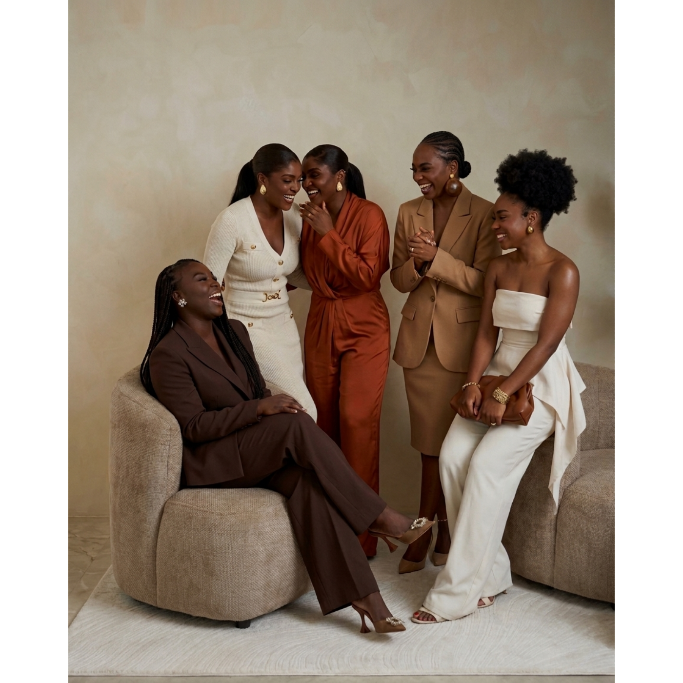 Five women dressed in elegant clothing are gathered in a room, laughing and smiling. One woman is seated on a beige cushioned chair, others stand around her, engaging in conversation and sharing a joyful moment.