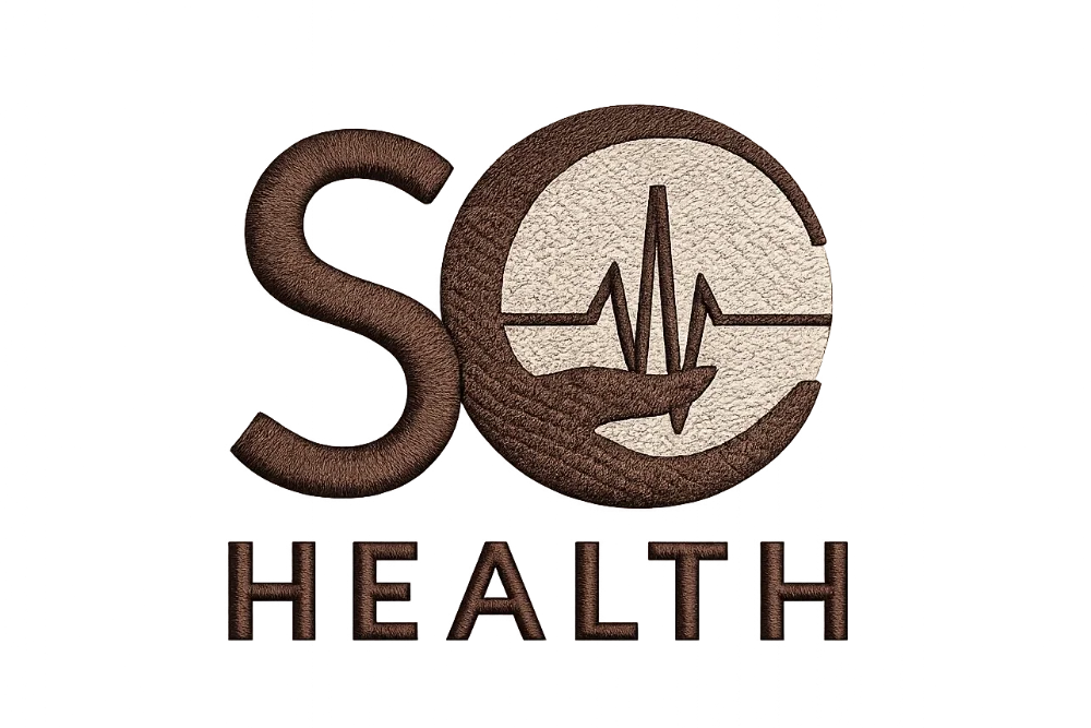 Wooden logo with a heartbeat line inside a circle and the words 'SD HEALTH' below.