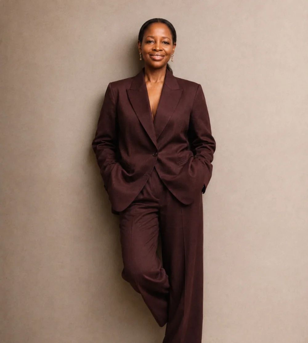 A woman with dark hair pulled back, wearing a maroon pantsuit, standing with hands in pockets against a plain beige wall, smiling.