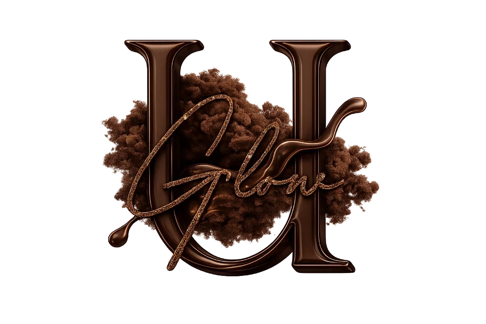 A decorative image with the letter 'U' in a glossy, dark brown finish, a cloud of textured brown material behind it, and the words 'U Glow' written across in glittery script.