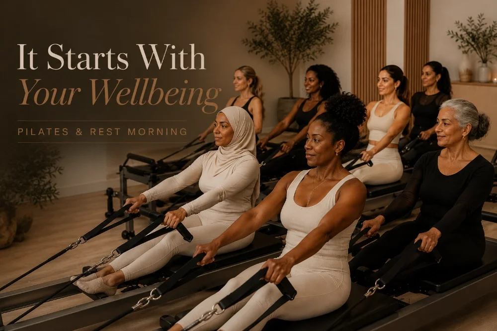 Women taking part in Foundaa's "It Starts: With Your Wellbeing" Pilates event, promoting rest, movement and self-care.