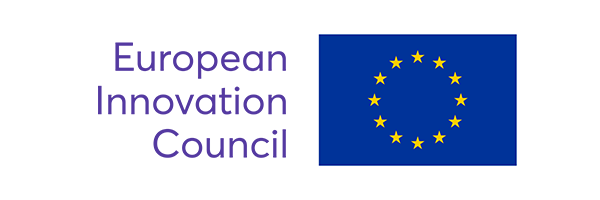 European Innovation Council text with the European Union flag featuring a circle of yellow stars on a blue background.