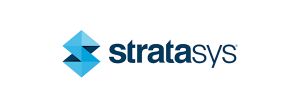 Stratasys logo with a stylized blue geometric icon and the company name in blue text