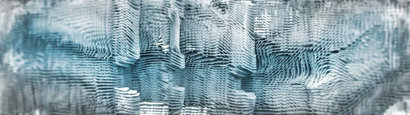 Abstract digital artwork with layered, textured blue and gray sections resembling 3D waves or ridges.