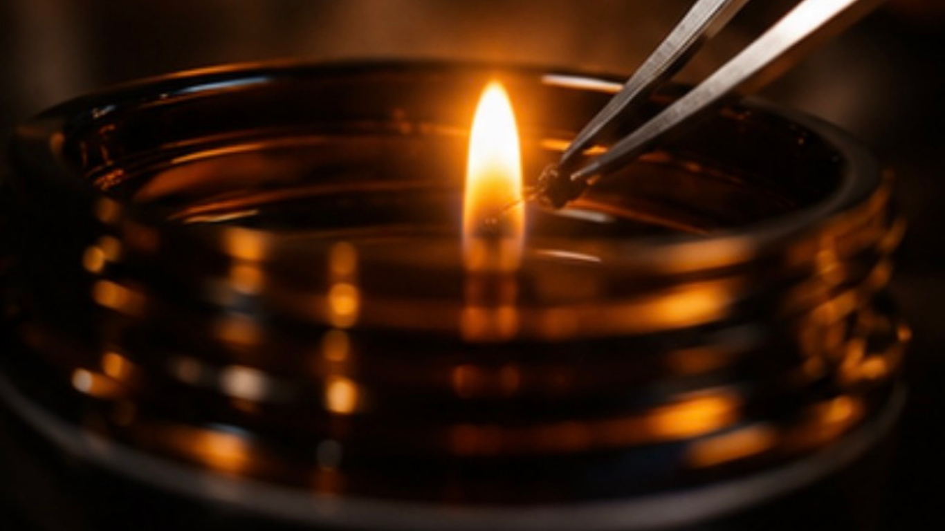 Close-up of a burning candle with a lit matchstick being used to ignite it, inside a dark room.