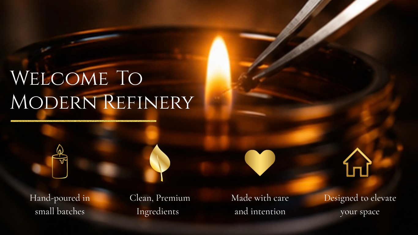 Close-up of a burning candle with matches, and overlay text welcoming to Modern Refinery with icons of a candle, leaf, heart, and house and associated descriptions
