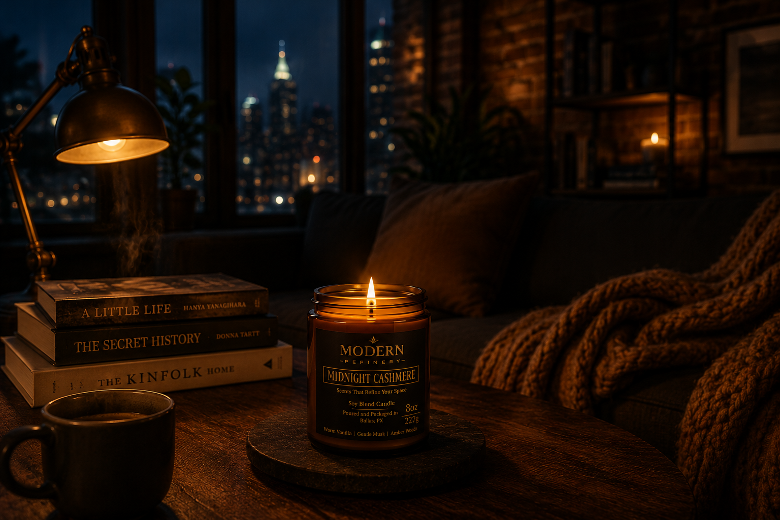 A cozy living room at night with a lit candle on a wooden table, a stack of books, a mug, and city lights visible through the window.