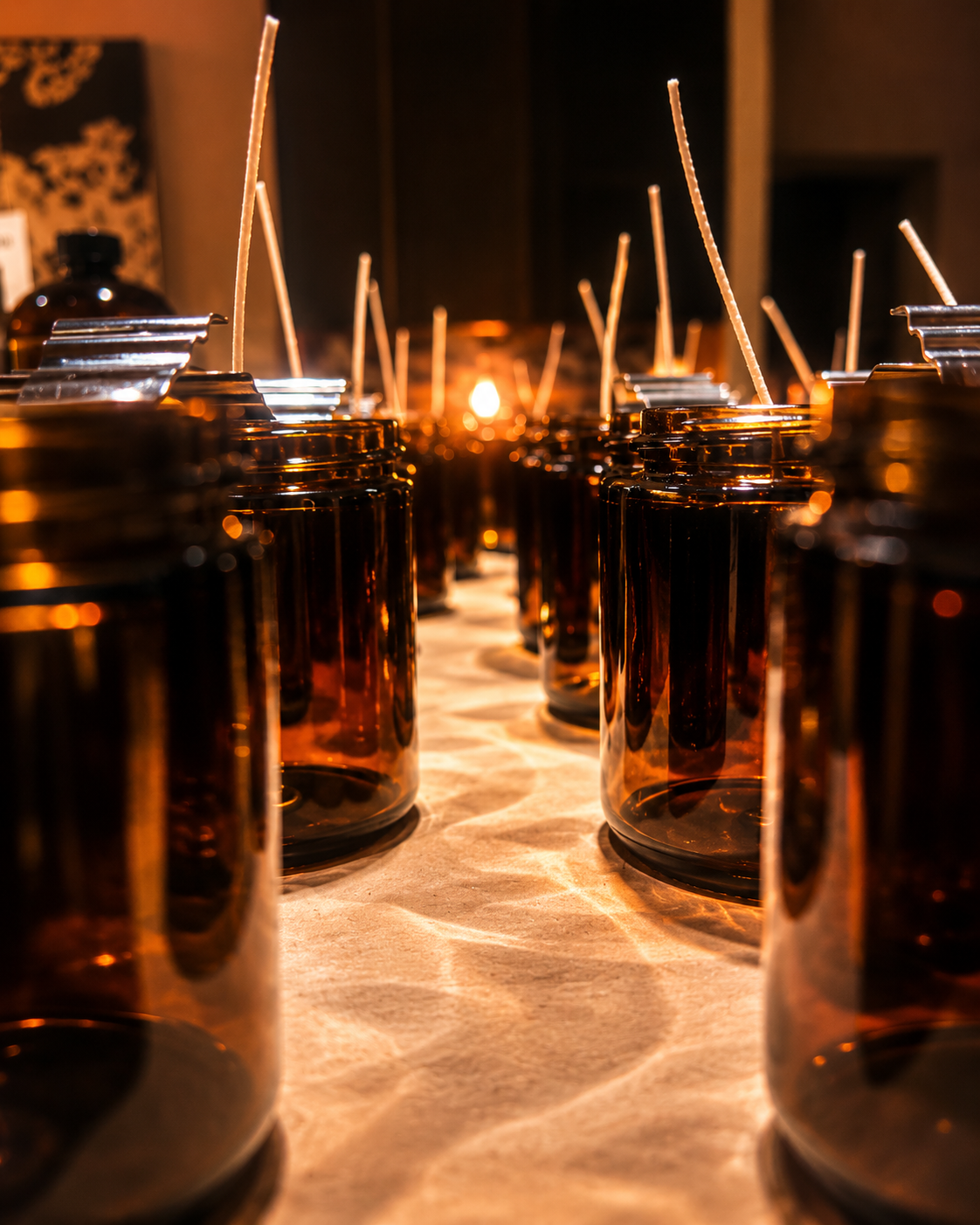 Close-up of amber glass jars with sticks inside, arranged in rows on a light-colored surface, illuminated by warm lighting.