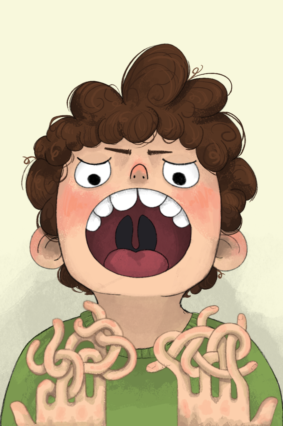 A young boy with curly brown hair and a distressed expression, holding up their hands to show their fingers tied together. 