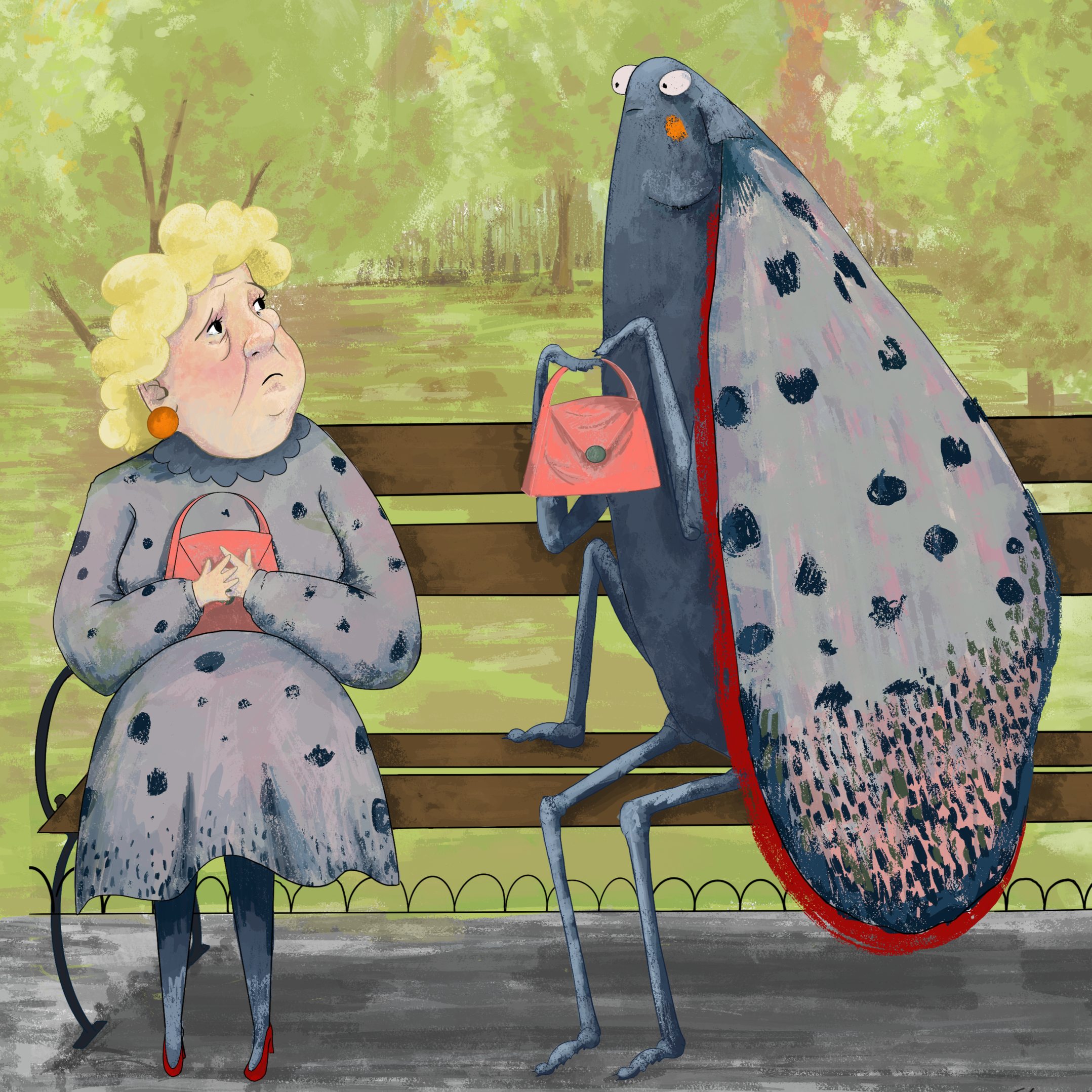 A woman sitting on a park bench, looking up with a sad expression, while a large anthropomorphic mosquito standing next to her holds a purse and looks at her. The woman is dressed in a polka dot dress and high heels, and the mosquito is also dressed 