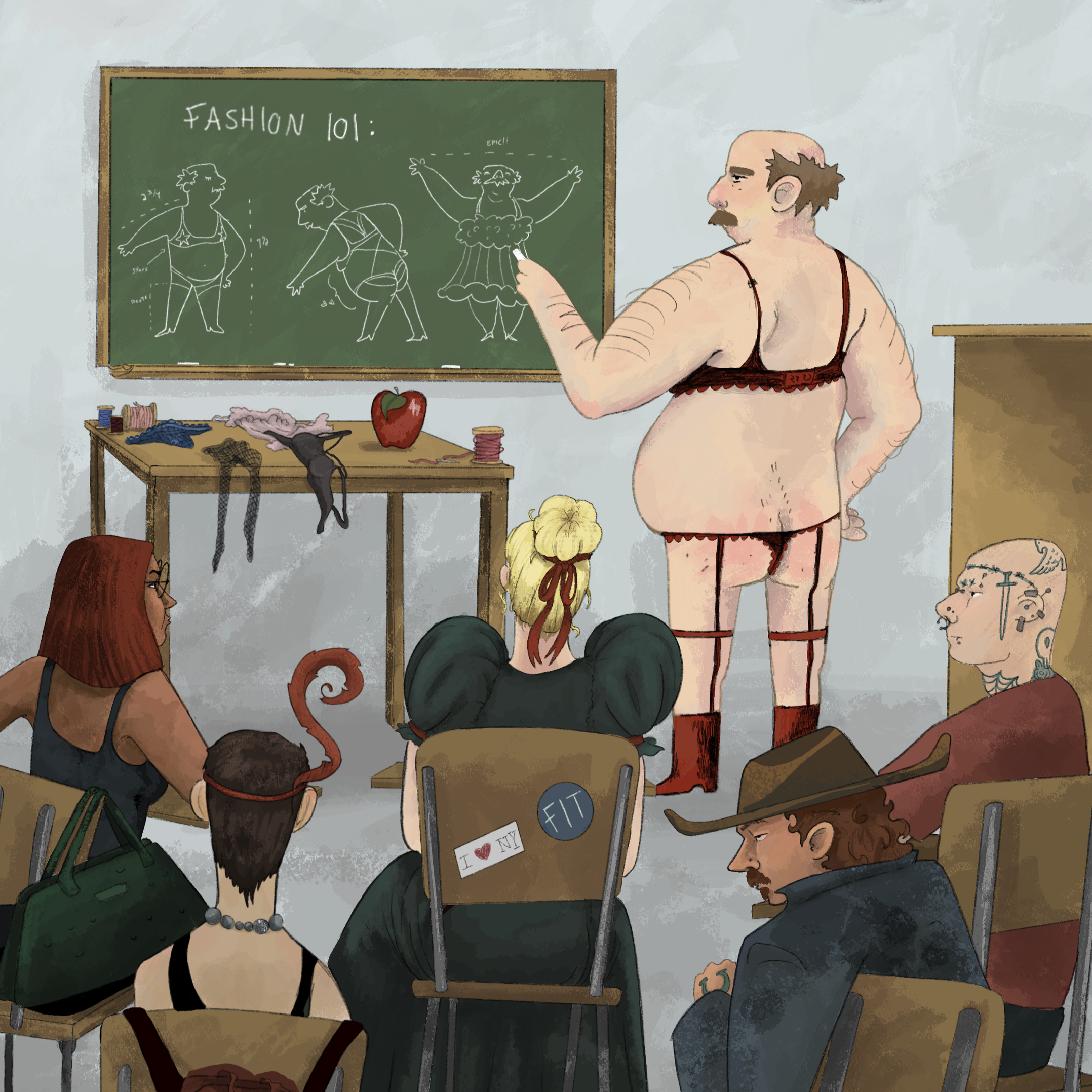 A classroom scene with a teacher dressed in lingerie, pointing at a chalkboard labeled 'Fashion 101' showing sketches of dresses. The students are diverse, with tattoos, piercings, and unique attire, sitting and paying attention.