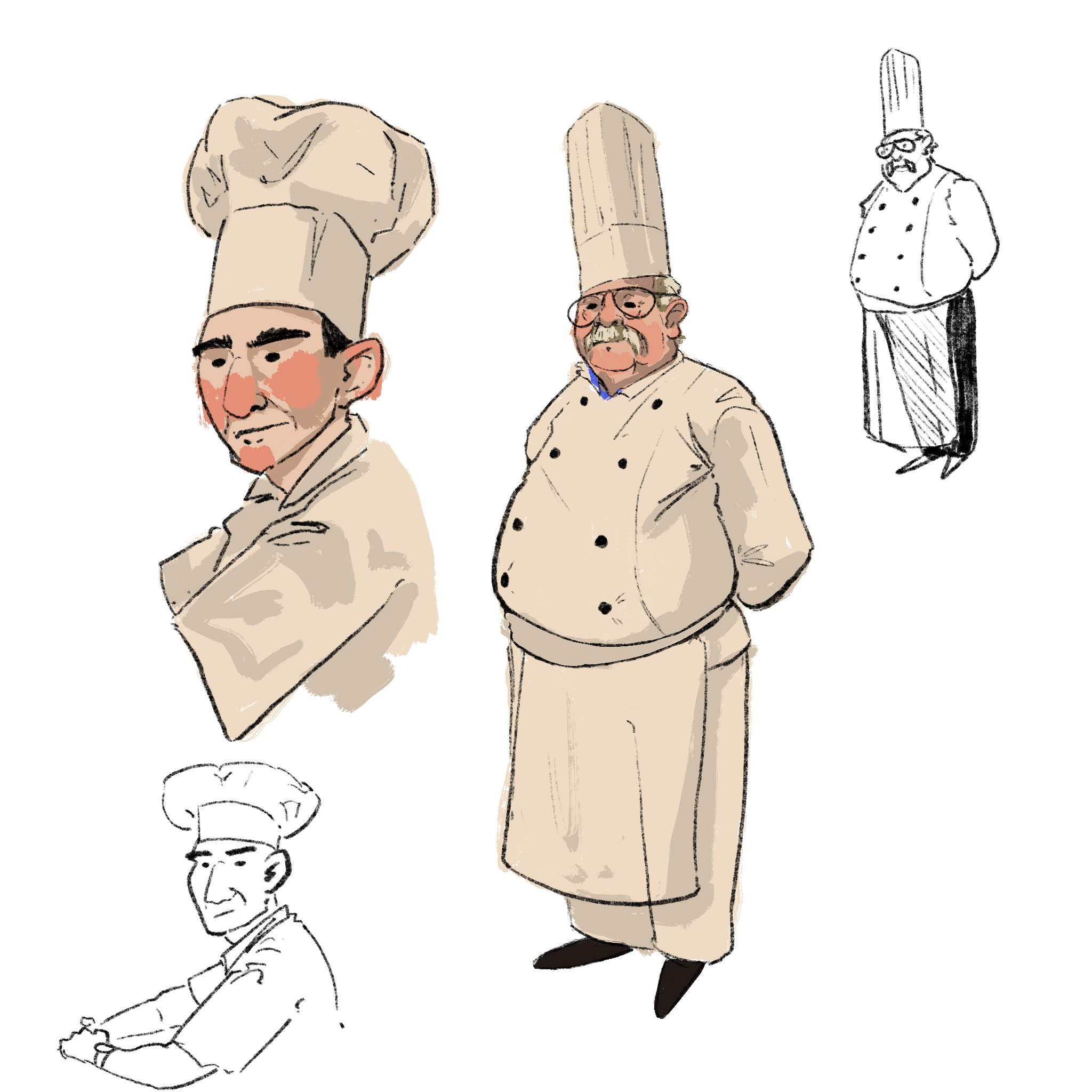 Illustration of four chefs, one with arms crossed, one with hands behind back, one with arms crossed and looking serious, and one standing with hands behind back, all wearing chef uniforms and chef hats.
