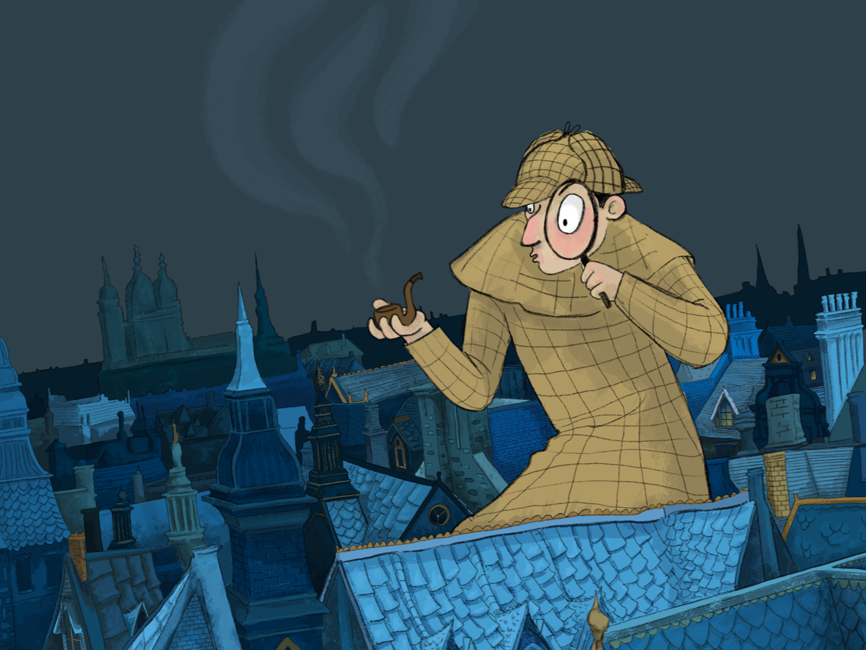 Cartoon detective wearing a deerstalker hat and coat, examining rooftops at night with a magnifying glass, holding a smoking pipe, with cityscape and rooftops in the background.